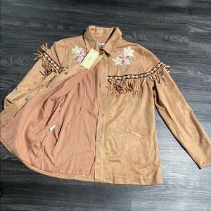 Cherry Paris Faux Suede Tassel Button Down Shirt